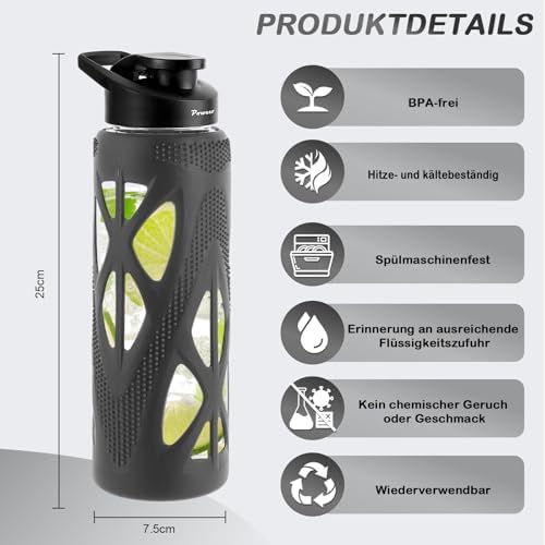 Trinkflasche Glas 700ml Bruchsicher Auslaufsicher - BPA-Frei Sportflasche für Fitness Yoga Büro